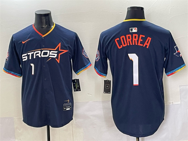 Personalized Men’s Houston Astros #1 Carlos Correa Navy 2025 City Connect With Texas Patch Limited Stitched Baseball Jersey