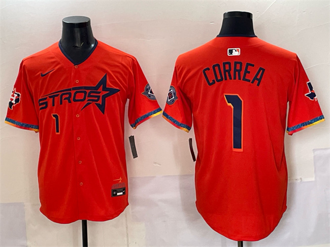 Personalized Men’s Houston Astros #1 Carlos Correa Orange 2025 City Connect With Texas Patch Limited Stitched Baseball Jersey