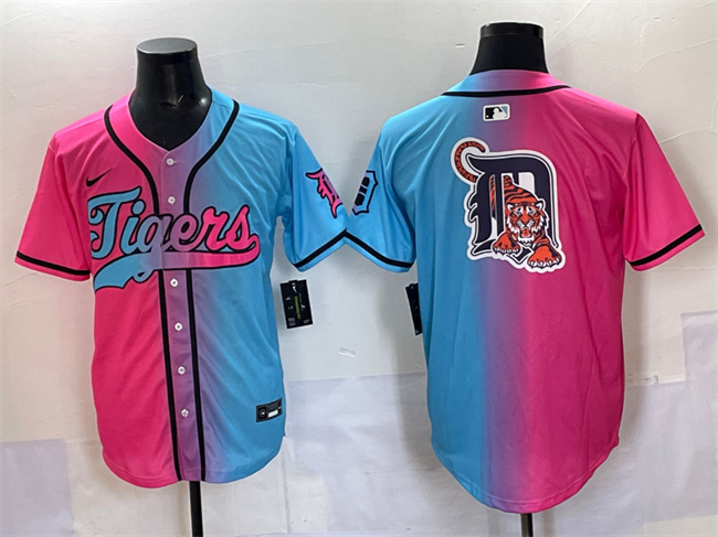 Personalized Men’s Detroit Tigers Team Big Logo Pink Blue Limited Stitched Baseball Jersey