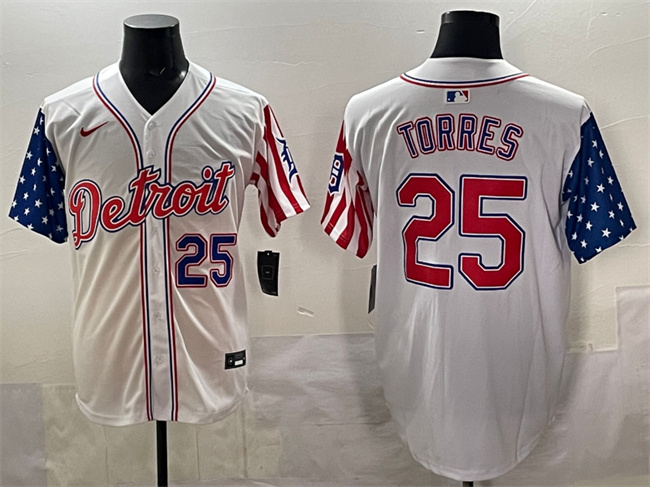 Personalized Men’s Detroit Tigers #25 Gleyber Torres White 2025 Memorial Day Premier Limited Stitched Baseball Jersey