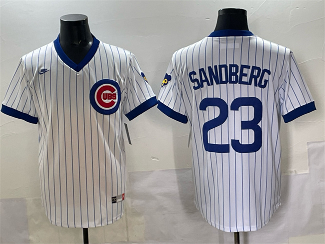 Personalized Men’s Chicago Cubs #23 Ryne Sandberg White Throwback Stitched Baseball Jersey