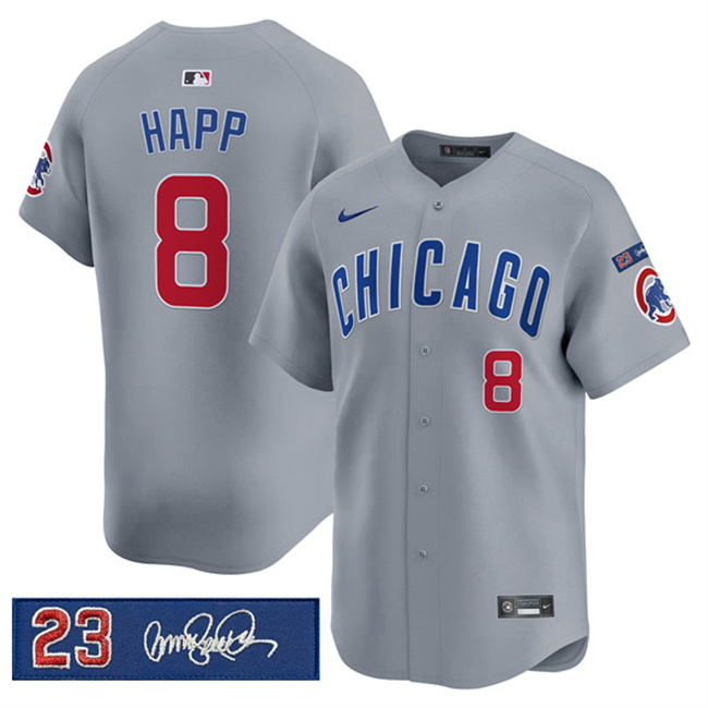 Personalized Men’s Chicago Cubs #8 lan Happ Gray ‘Ryne Sandberg Tribute’ Limited V3 Stitched Baseball Jersey