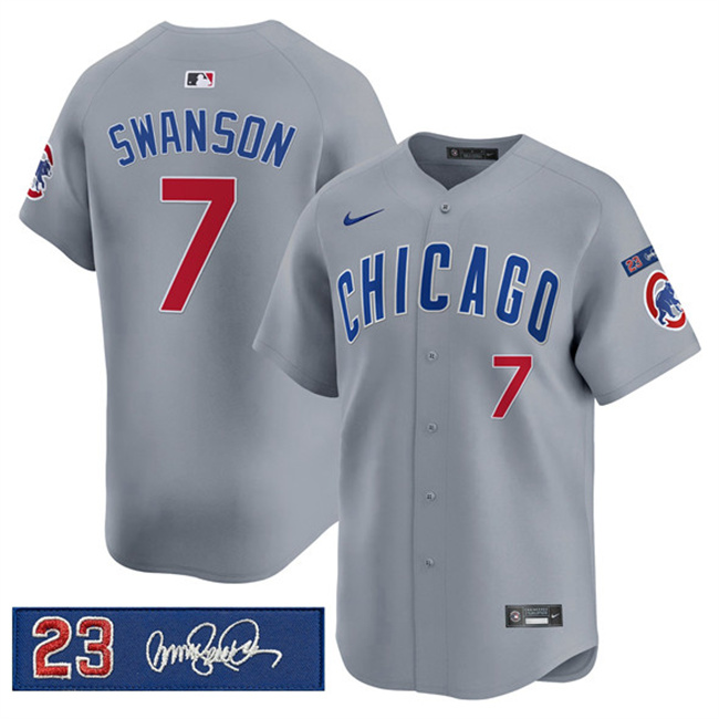Personalized Men’s Chicago Cubs #7 Dansby Swanson Gray ‘Ryne Sandberg Tribute’ Limited V3 Stitched Baseball Jersey