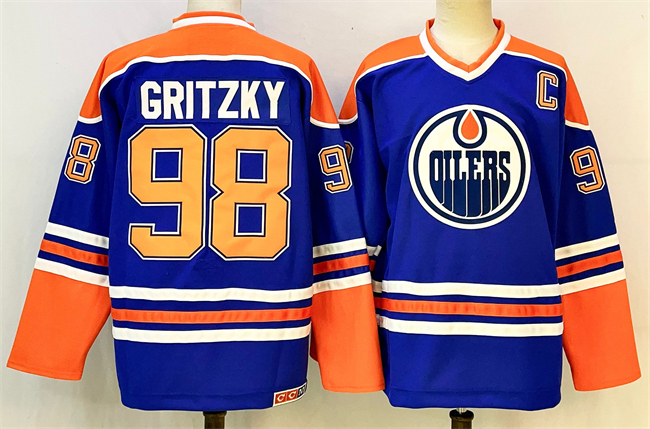 Personalized Men’s Edmonton Oilers #98 Wayne Gretzky Royal 2025 With C Patch Stitched Hockey Jersey