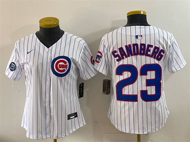 Personalized Women’s Chicago Cubs #23 Ryne Sandberg White Pinstripe ‘Ryne Sandberg Tribute’ Limited V2 Stitched Baseball Jersey(Run Small)