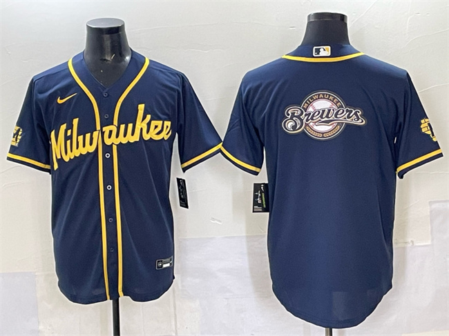 Personalized Men’s Milwaukee Brewers Team Big Logo Navy 2025 With Patch Stitched Baseball Jersey