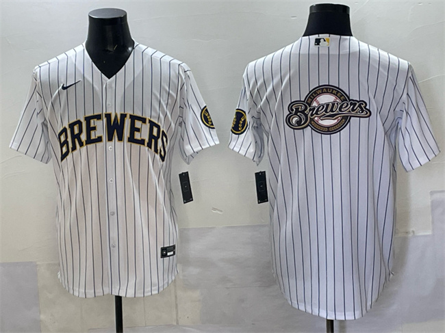 Personalized Men’s Milwaukee Brewers Team Big Logo White Pinstripe 2025 With Patch Stitched Baseball Jersey