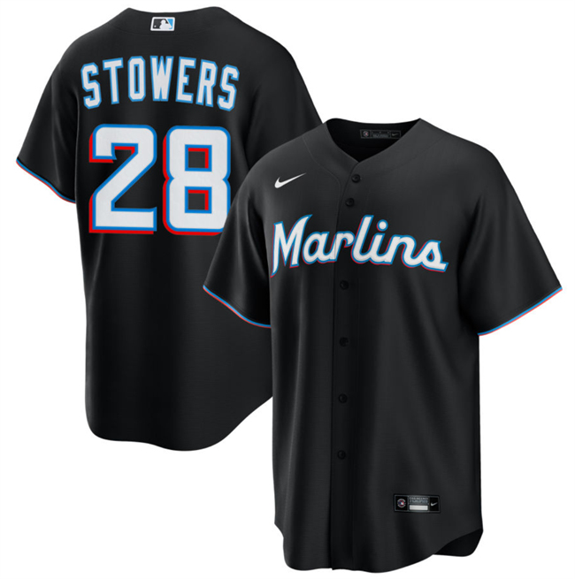 Personalized Men’s Miami Marlins #28 Kyle Stowers Black Cool Base Stitched Baseball Jersey