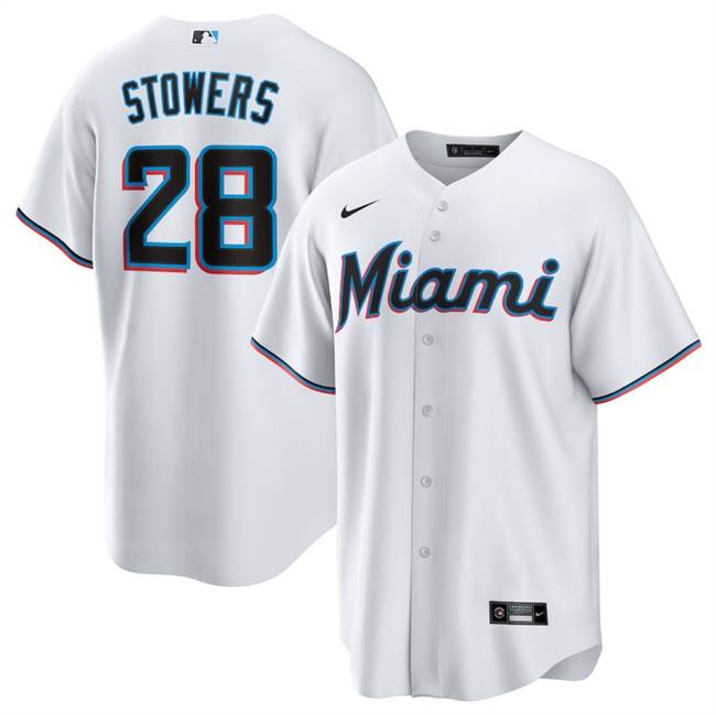 Personalized Men’s Miami Marlins #28 Kyle Stowers White Cool Base Stitched Baseball Jersey