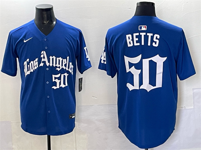 Personalized Men’s Los Angeles Dodgers #50 Mookie Betts Blue 2025 LA Gothic Style With Fernando Patch Premier Limited Stitched Baseball Jersey