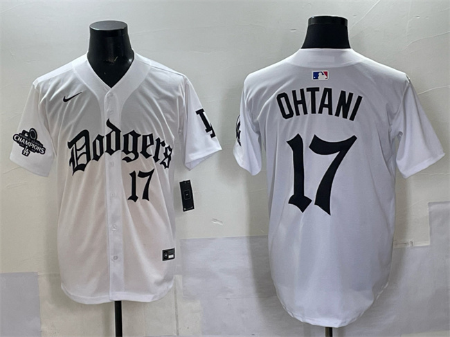 Personalized Men’s Los Angeles Dodgers #17 Shohei Ohtani White 2025 LA Gothic Style With 2024 World Series Champions Patch Premier Limited Stitched Baseball Jersey