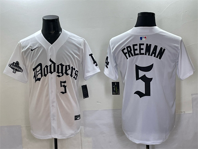 Personalized Men’s Los Angeles Dodgers #5 Freddie Freeman White 2025 LA Gothic Style With 2024 World Series Champions Patch Premier Limited Stitched Baseball Jersey