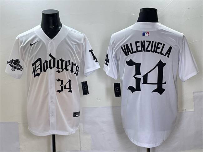 Personalized Men’s Los Angeles Dodgers #34 Fernando Valenzuela White 2025 LA Gothic Style With 2024 World Series Champions Patch Premier Limited Stitched Baseball Jersey