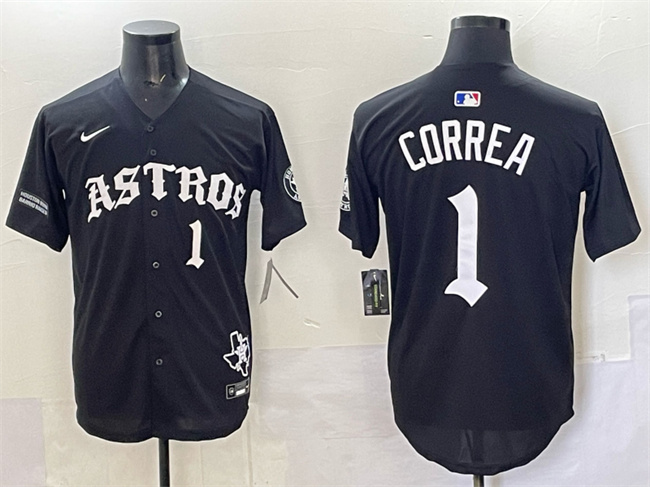 Personalized Men’s Houston Astros #1 Carlos Correa Black Gothic ‘Houston Born Barrio Raised’ Limited Stitched Baseball Jersey