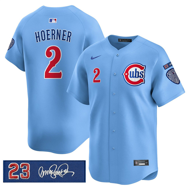 Personalized Men’s Chicago Cubs #2 Nico Hoerner Blue ‘Ryne Sandberg Tribute’ Limited V3 Stitched Baseball Jersey