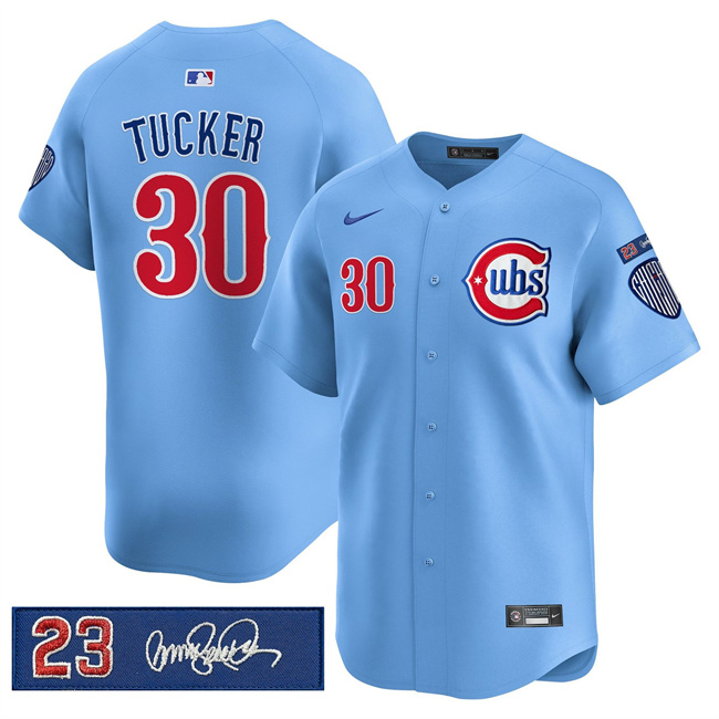 Personalized Men’s Chicago Cubs #30 Kyle Tucker Blue ‘Ryne Sandberg Tribute’ Limited V3 Stitched Baseball Jersey