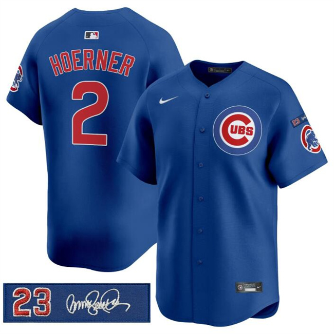 Personalized Men’s Chicago Cubs #2 Nico Hoerner Royal ‘Ryne Sandberg Tribute’ Limited V3 Stitched Baseball Jersey