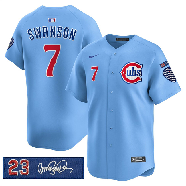 Personalized Men’s Chicago Cubs #7 Dansby Swanson Blue ‘Ryne Sandberg Tribute’ Limited V3 Stitched Baseball Jersey