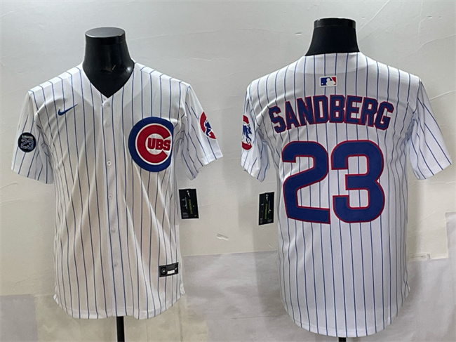 Personalized Men’s Chicago Cubs #23 Ryne Sandberg White Pinstripe ‘Ryne Sandberg Tribute’ Limited V2 Stitched Baseball Jersey