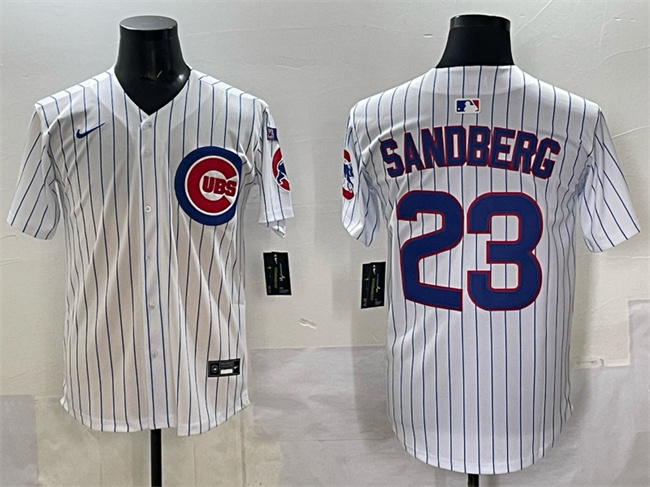 Personalized Men’s Chicago Cubs #23 Ryne Sandberg White Pinstripe ‘Ryne Sandberg Tribute’ Limited V3 Stitched Baseball Jersey