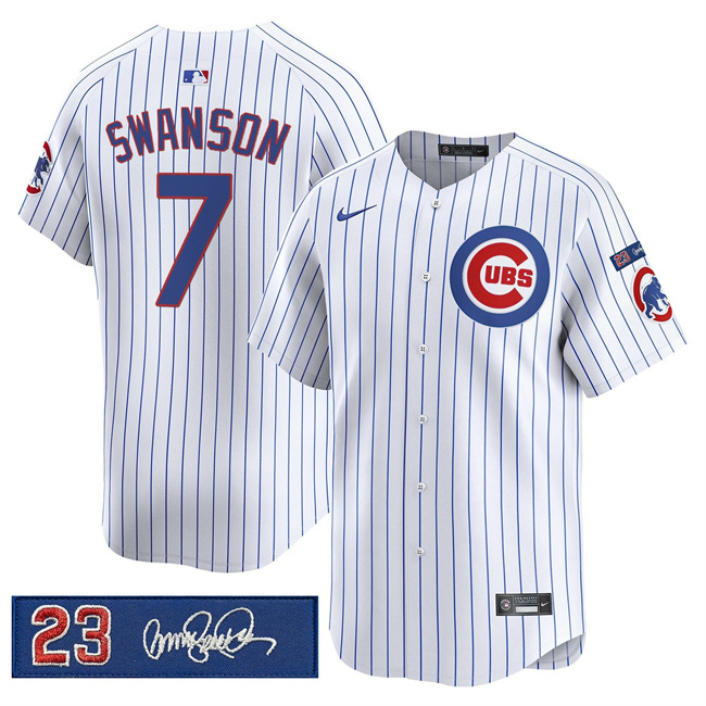 Personalized Men’s Chicago Cubs #7 Dansby Swanson White Pinstripe ‘Ryne Sandberg Tribute’ Limited V3 Stitched Baseball Jersey