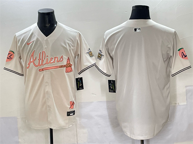 Personalized Men’s Atlanta Braves Blank Cream 2024 Atliens & Peach With Outkast Patch Limited Stitched Baseball Jersey