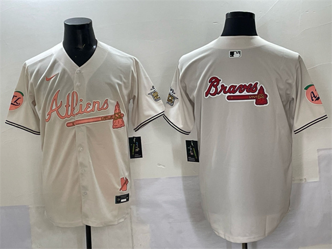 Personalized Men’s Atlanta Braves Team Big Logo Cream 2024 Atliens & Peach With Outkast Patch Limited Stitched Baseball Jersey