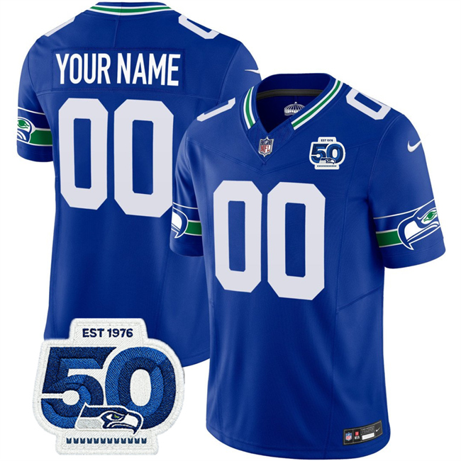 Personalized Men’s Seattle Seahawks Active Player Royal 2025 F.U.S.E 50th Anniversary Patch Throwback Limited Stitched Football Jersey