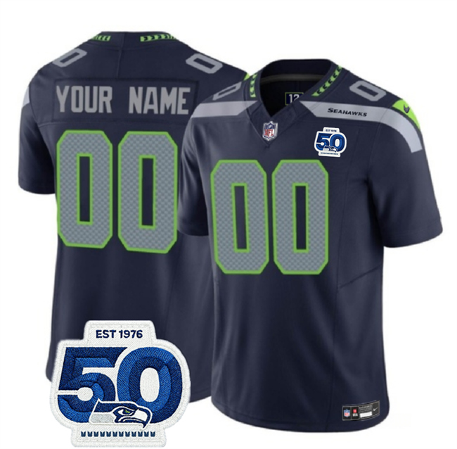 Personalized Men’s Seattle Seahawks Active Player Navy 2025 F.U.S.E. 50th Anniversary Patch Untouchable Limited Stitched Football Jersey