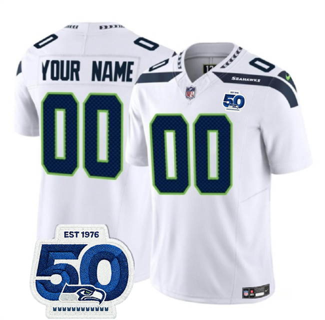 Personalized Men’s Seattle Seahawks Active Player White 2025 F.U.S.E. 50th Anniversary Patch Untouchable Limited Stitched Football Jersey