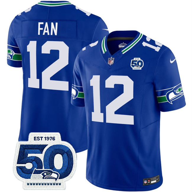 Personalized Men’s Seattle Seahawks #12 Fan Royal 2025 F.U.S.E 50th Anniversary Patch Throwback Limited Stitched Football Jersey