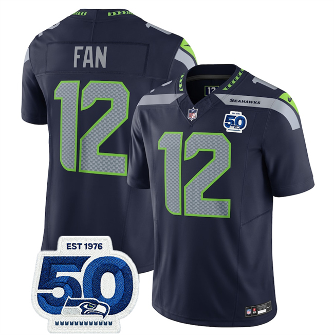 Personalized Men’s Seattle Seahawks #12 Fan Navy 2025 F.U.S.E. 50th Anniversary Patch Untouchable Limited Stitched Football Jersey