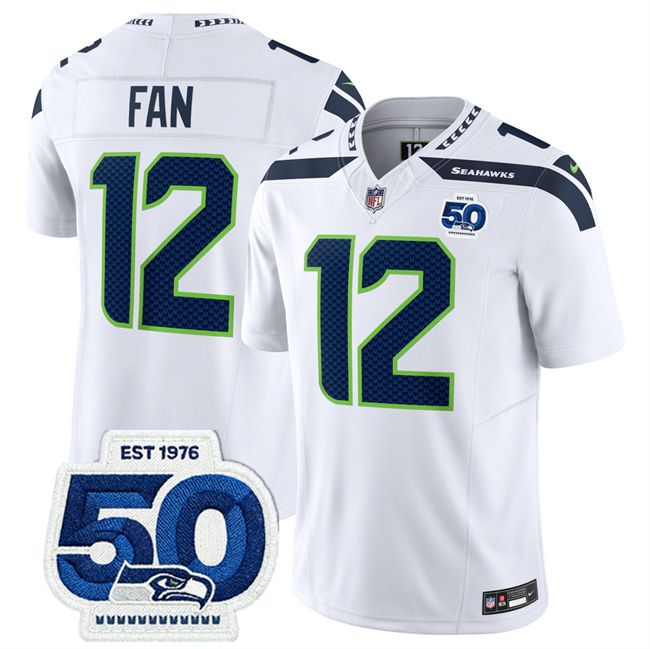Personalized Men’s Seattle Seahawks #12 Fan White 2025 F.U.S.E. 50th Anniversary Patch Untouchable Limited Stitched Football Jersey