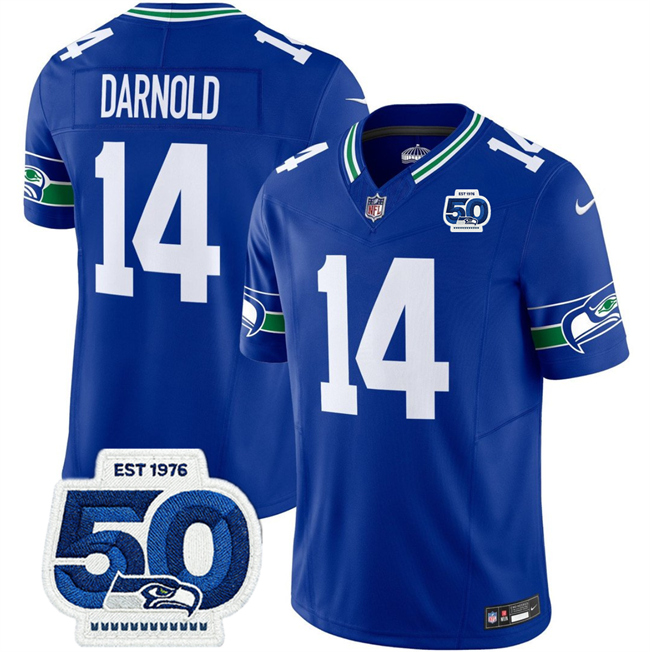 Personalized Men’s Seattle Seahawks #14 Sam Darnold Royal 2025 F.U.S.E 50th Anniversary Patch Throwback Limited Stitched Football Jersey