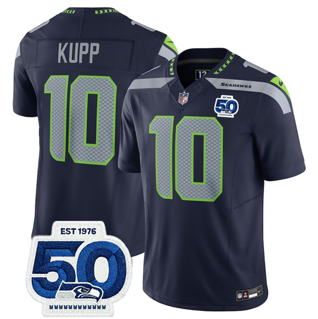 Personalized Men’s Seattle Seahawks #10 Cooper Kupp Navy 2025 F.U.S.E. 50th Anniversary Patch Untouchable Limited Stitched Football Jersey