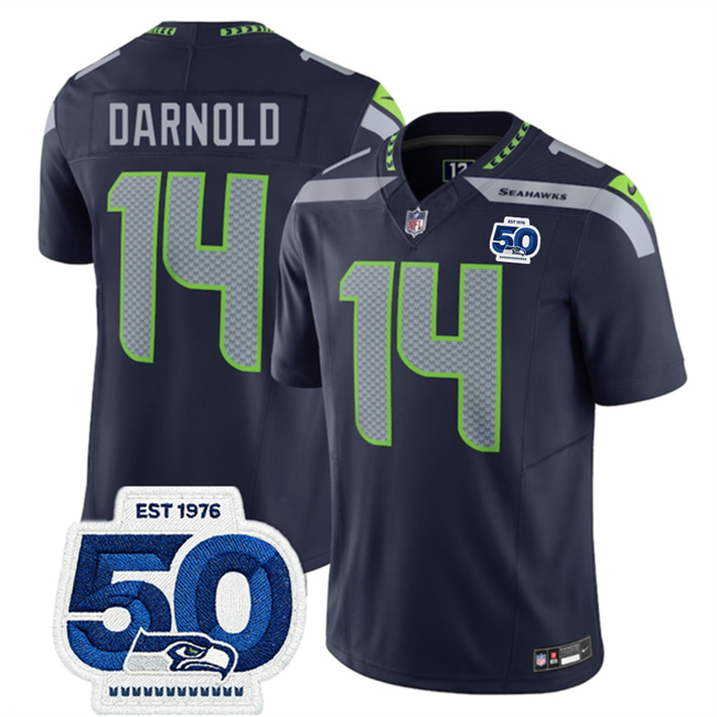 Personalized Men’s Seattle Seahawks #14 Sam Darnold Navy 2025 F.U.S.E. 50th Anniversary Patch Untouchable Limited Stitched Football Jersey