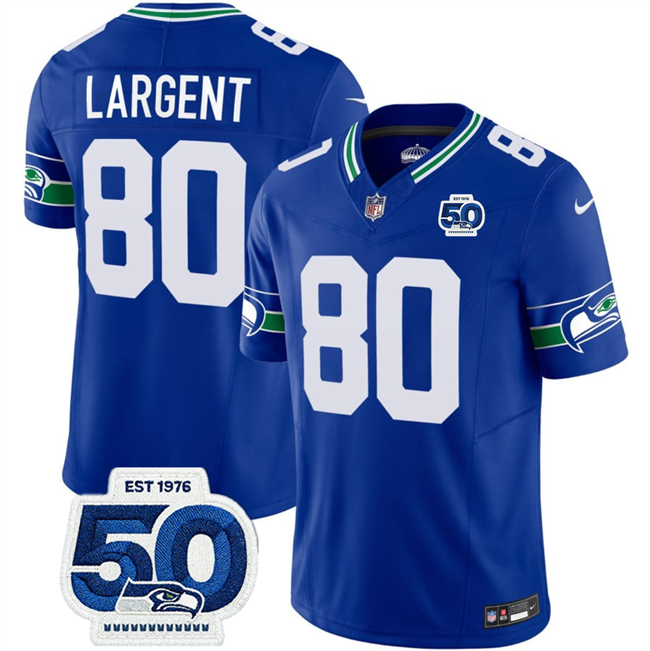 Personalized Men’s Seattle Seahawks #80 Steve Largent Royal 2025 F.U.S.E 50th Anniversary Patch Throwback Limited Stitched Football Jersey