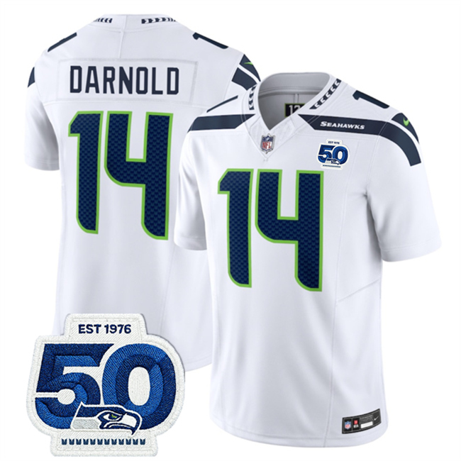 Personalized Men’s Seattle Seahawks #14 Sam Darnold White 2025 F.U.S.E. 50th Anniversary Patch Untouchable Limited Stitched Football Jersey