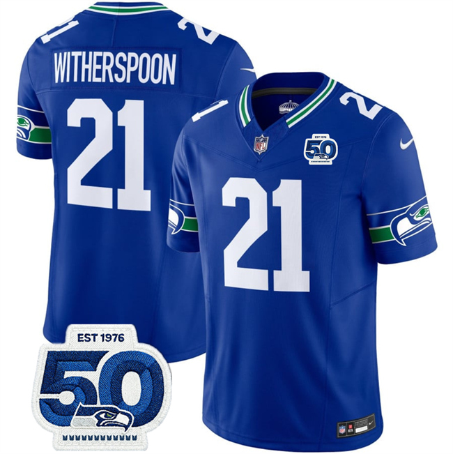 Personalized Men’s Seattle Seahawks #21 Devon Witherspoon Royal 2025 F.U.S.E 50th Anniversary Patch Throwback Limited Stitched Football Jersey