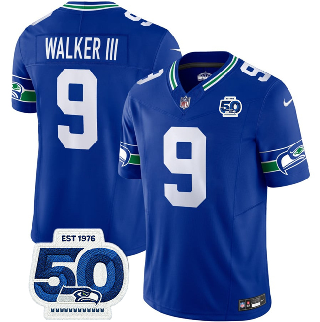 Personalized Men’s Seattle Seahawks #9 Kenneth Walker III Royal 2025 F.U.S.E 50th Anniversary Patch Throwback Limited Stitched Football Jersey