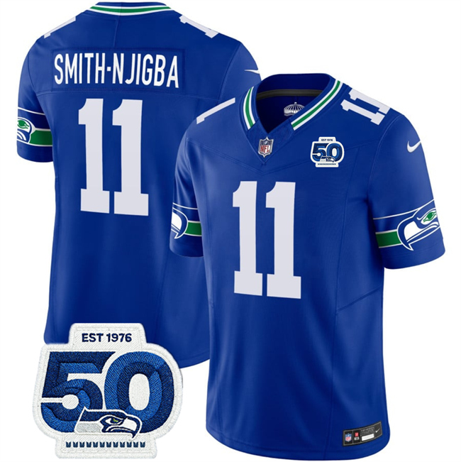 Personalized Men’s Seattle Seahawks #11 Jaxon Smith-Njigba Royal 2025 F.U.S.E 50th Anniversary Patch Throwback Limited Stitched Football Jersey