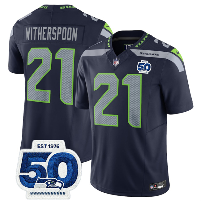 Personalized Men’s Seattle Seahawks #21 Devon Witherspoon Navy 2025 F.U.S.E. 50th Anniversary Patch Untouchable Limited Stitched Football Jersey
