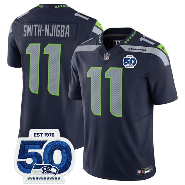 Personalized Men’s Seattle Seahawks #11 Jaxon Smith-Njigba Navy 2025 F.U.S.E. 50th Anniversary Patch Untouchable Limited Stitched Football Jersey
