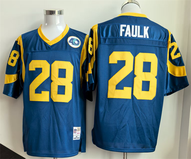 Personalized Men’s Los Angeles Rams #28 Marshall Faulk Royal Throwback Stitched Football Jersey