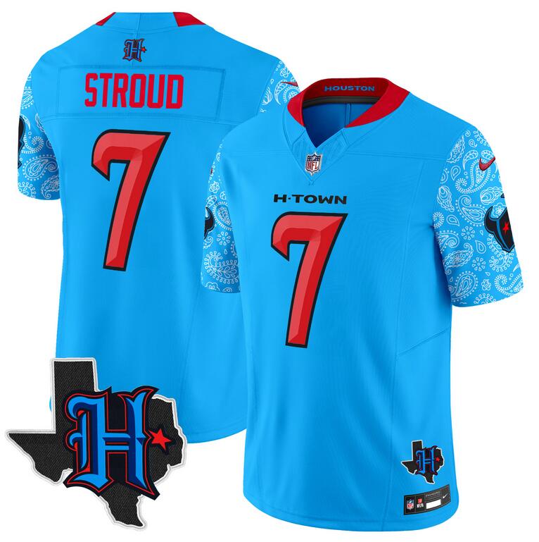 Personalized Men’s Houston Texans #7 C.J. Stroud Blue F.U.S.E. 2024 Texas Patch V4 Limited Stitched Football Jersey