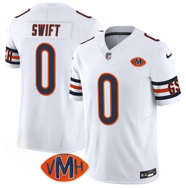 Personalized Men’s Chicago Bears #0 D’Andre Swift White 2025 F.U.S.E. With VMH Patch Untouchable Limited Stitched Football Jersey