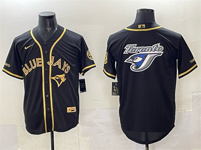 Personalized Men’s Toronto Blue Jays Team Big Logo Black Gold Cool Base Stitched Jersey