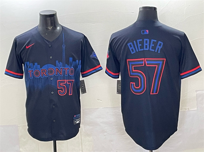 Personalized Men’s Toronto Blue Jays #57 Shane Bieber Navy 2024 City Connect Limited Stitched Baseball Jersey