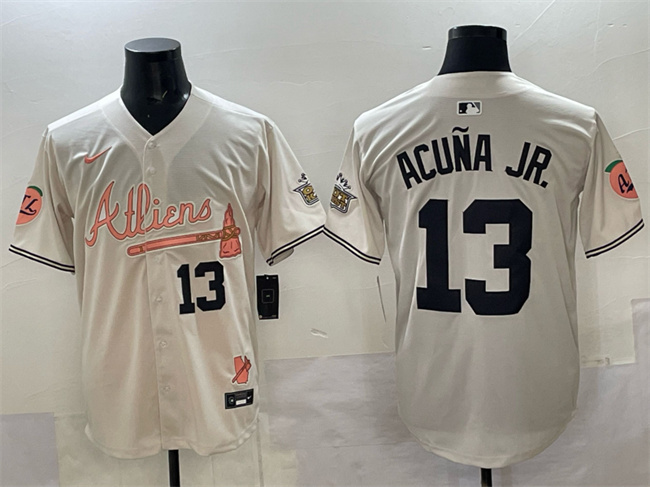 Personalized Men’s Atlanta Braves #13 Ronald Acuna Jr. Cream 2024 Atliens & Peach With Outkast Patch Limited Stitched Baseball Jersey
