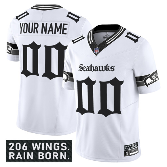 Personalized Men’s Seattle Seahawks Active Player White 2025 F.U.S.E. ‘Gothic Rain City Shadows Edition’ Limited Stitched Football Jersey